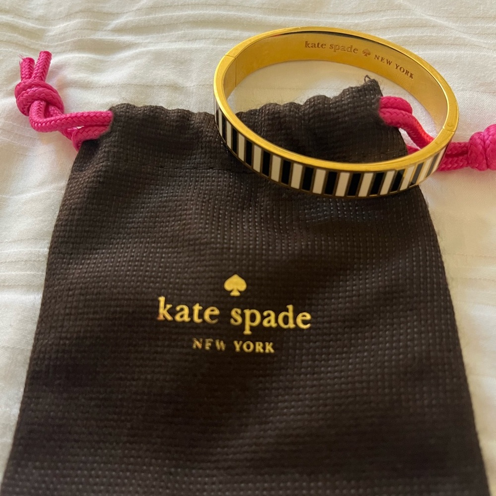 Kate Spade,white and Black Striped enamel, gold Bangle